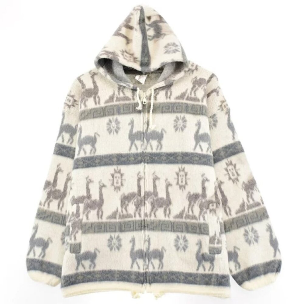 100% alpaca wool  zip-up hooded jacket in grey and white